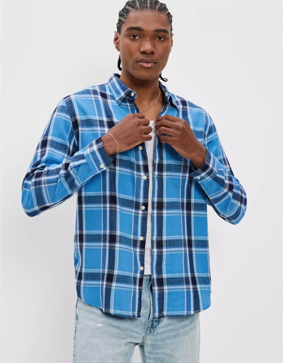 Hauts Flanelle American Eagle AE Super Soft Everyday Plaid Button-Up Shirt Bleu Homme | DWP-66314850